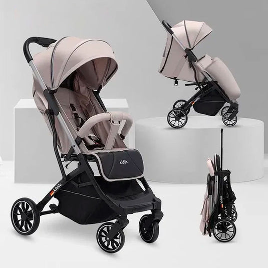 Coche paseador con plegado estilo maleta, espaldar ajustable, con freno de ruedas traseras, capota desplegable para cubrirlo del sol, y cubrepiés desmontable - Kidilo