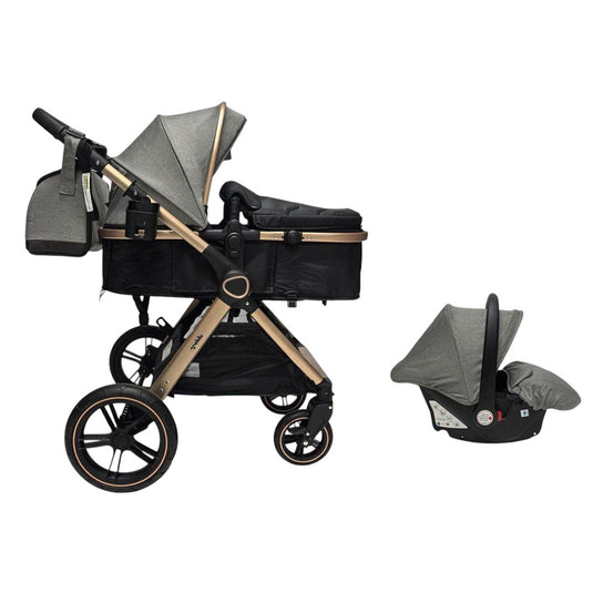 Coche 3 en 1 moisés, portabebés y paseador plegable, el portabebés se puede colocar en la estructura, con espaldar ajustable, estructura desmontable y sistema de plegado compacto, hecho en material resistente de alta calidad - Mobilu