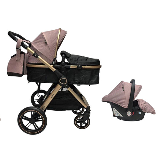 Coche 3 en 1 moisés, portabebés y paseador plegable, el portabebés se puede colocar en la estructura, con espaldar ajustable, estructura desmontable y sistema de plegado compacto, hecho en material resistente de alta calidad - Mobilu