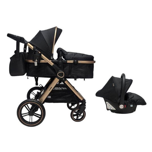 Coche 3 en 1 moisés, portabebés y paseador plegable, el portabebés se puede colocar en la estructura, con espaldar ajustable, estructura desmontable y sistema de plegado compacto, hecho en material resistente de alta calidad - Mobilu