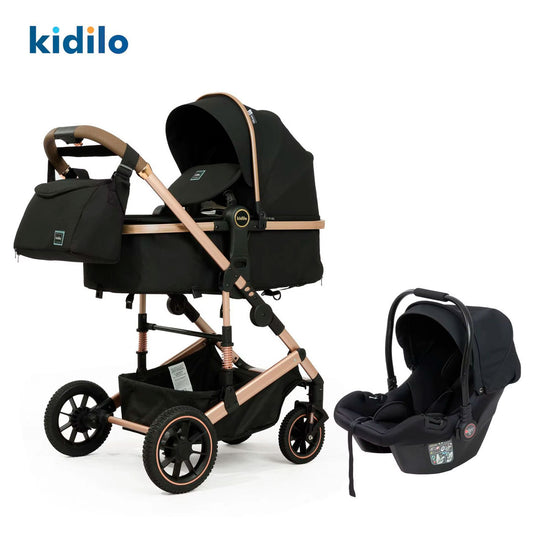 Coche A10 tipo moisés con portabebés y pañalera a juego, ajustable como paseador, hecho en material de alta calidad, acabados de lujo - Kidilo