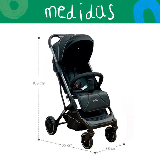 Coche paseador con plegado estilo maleta, espaldar ajustable, con freno de ruedas traseras, capota desplegable para cubrirlo del sol, y cubrepiés desmontable - Kidilo