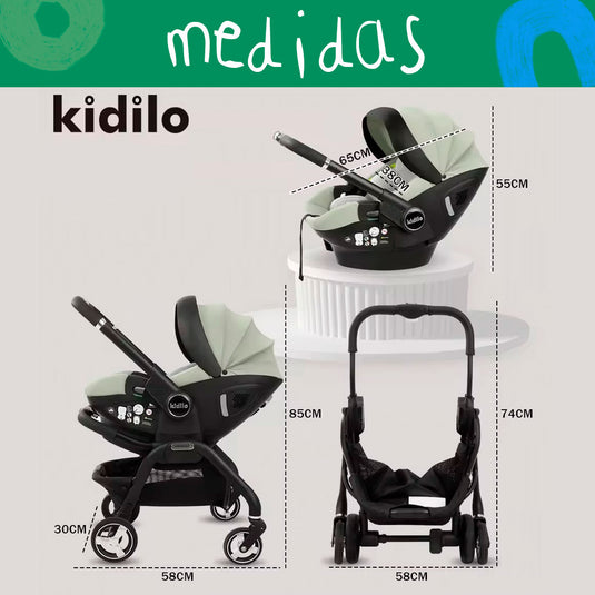 Coche portabebés 3 en 1 con sistema plegable, espacio amplio y cómodo, barra de empuje ajustable, capota plegable, diseño moderno, hecho en materiales de alta calidad - Kidilo