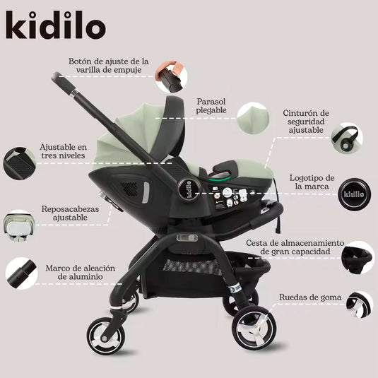 Coche portabebés 3 en 1 con sistema plegable, espacio amplio y cómodo, barra de empuje ajustable, capota plegable, diseño moderno, hecho en materiales de alta calidad - Kidilo