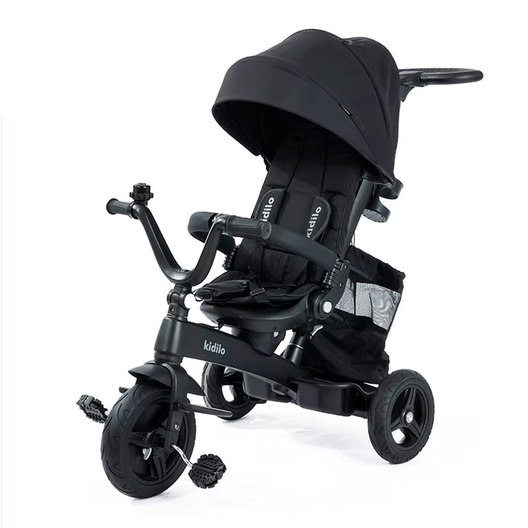 Coche paseador estilo Triciclo Deluxe, con sistema de plegado, asiento ajustable con rotación 360°, manillar de control parental, canasta de almacenamiento, campanilla, cinturón de seguridad de 5 puntos - Kidilo