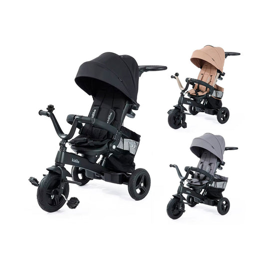 Coche paseador estilo Triciclo Deluxe, con sistema de plegado, asiento ajustable con rotación 360°, manillar de control parental, canasta de almacenamiento, campanilla, cinturón de seguridad de 5 puntos - Kidilo