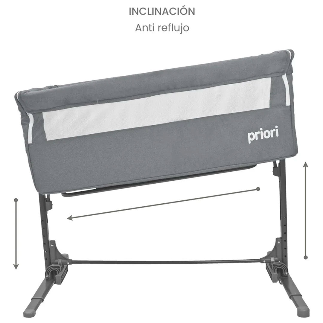 Cuna colecho con altura ajustable, sistema mecedora, mosquitero, 6 niveles de altura y bolsa para viaje - PRIORI