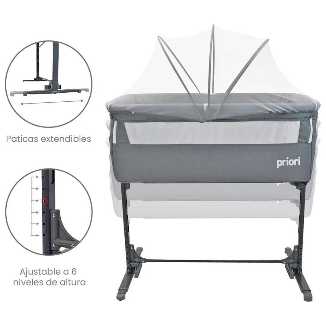 Cuna colecho con altura ajustable, sistema mecedora, mosquitero, 6 niveles de altura y bolsa para viaje - PRIORI