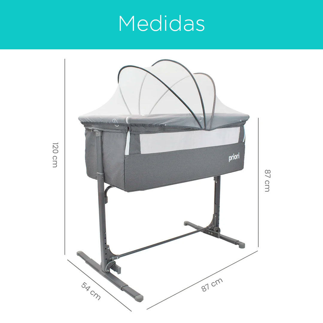Cuna colecho con altura ajustable, sistema mecedora, mosquitero, 6 niveles de altura y bolsa para viaje - PRIORI