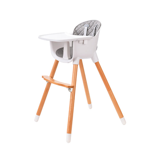 Silla comedor con patas de madera para bebé de 0 a 36 meses, reposapiés y dos alturas ajustables, con bandeja doble posición extraíble Gris