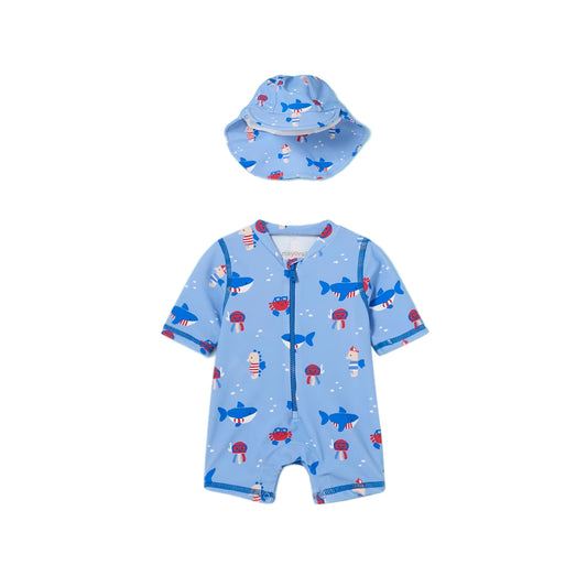 Vestido de baño en conjunto para recién nacido, con gorro niño y diseño estampado azul - Mayoral