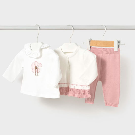 Conjunto 3pz tejido para recién nacido, camiseta manga larga, buzo tejido con detalle bordado, pantalón tejido en algodón hipoalergénico - Mayoral