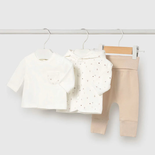 Conjunto 3pz buzo, camiseta y pantalón para recién nacido, cuello con capucha, cierre con botones en la parte delantera, artículo de diseño unisex de gran versatilidad por la neutralidad de sus tonos y su forma - Mayoral