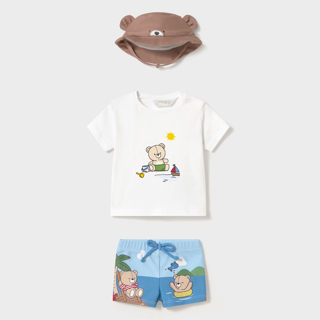 Conjunto de baño de 3pz con gorro para bebé, pantalón corto con divertido estampado, gorro ajustable, camiseta color claro para estar bajo el sol - Mayoral