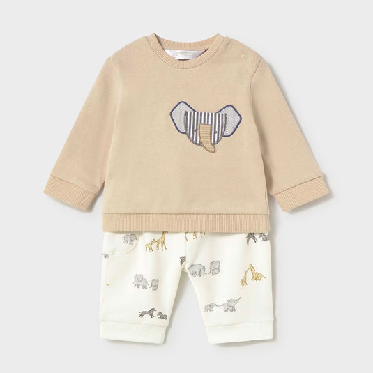 Conjunto de 2pz con diseño estampado buzo y pantalón para bebé, tonos tierra, sudadera de manga larga, cuello redondo, botones a presión en el hombro para facilitar la puesta de la prenda, pantalón con cinturilla elástica - Mayoral
