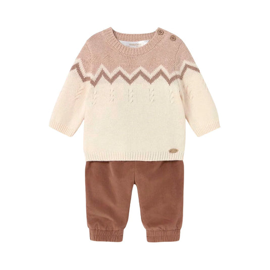 Conjunto con buzo tejido y pantalón café para bebé, jersey de manga larga, cuello redondo, botones en el hombro para facilitar la puesta,  cinturilla elástica, bajo elástico para un mejor ajuste - Mayoral