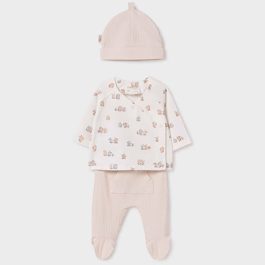 Conjunto 3pz con gorro tejido para recién nacido, camiseta manga larga de tela ligera y transpirable, pantalón con zapatillas unidas y gorro tejido - Mayoral