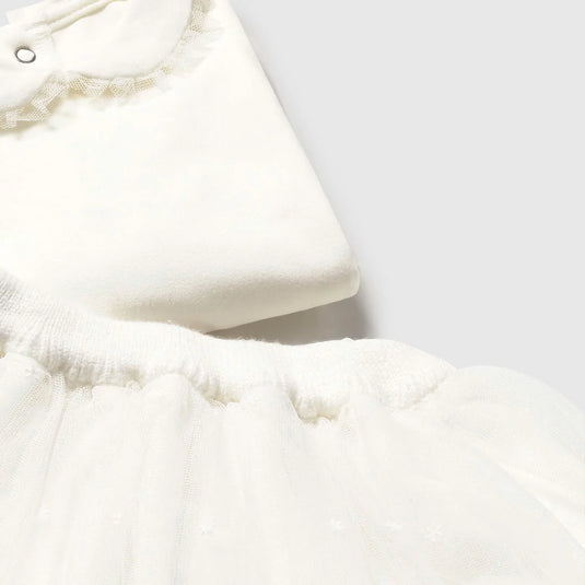 Conjunto 3pz blanco buzo con bolero y falda para bebé, cuello redondo, cierre con botones en la parte delantera, body de manga larga, falda con cinturilla elástica - Mayoral