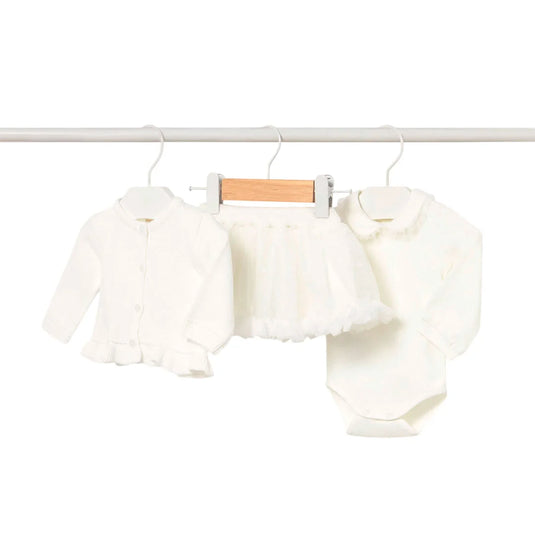 Conjunto 3pz blanco buzo con bolero y falda para bebé, cuello redondo, cierre con botones en la parte delantera, body de manga larga, falda con cinturilla elástica - Mayoral