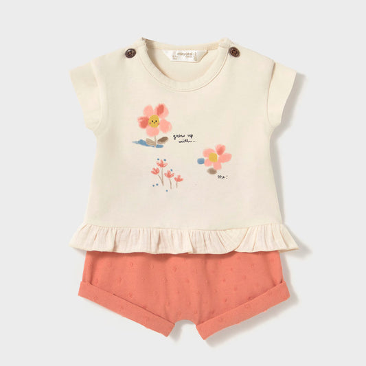 Conjunto 2pz blusa manga corta y short estampado, set de una blusa y un pantalón corto a juego, hechos en tela suave, con divertido diseño de florecitas - Mayoral
