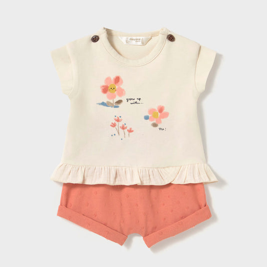 Conjunto 2pz blusa manga corta y short estampado, set de una blusa y un pantalón corto a juego, hechos en tela suave, con divertido diseño de florecitas - Mayoral
