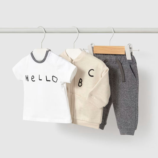 Conjunto 3pz con buzo estampado osito y pantalón para bebé, set de camiseta blanca con estampado letras, buzo con cierre, pantalón hecho en algodón - Mayoral