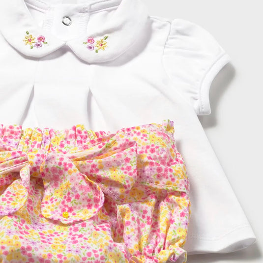 Conjunto 3 piezas con buzo tejido amarillo y blusa - Mayoral