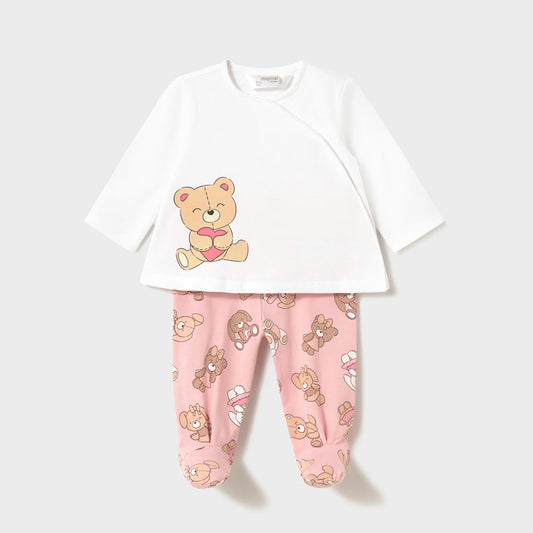 Conjunto 2pz manga larga pantalón rosa ositos, cierre lateral con botones a presión, diseño estampado, pantalón con cinturilla elástica - Mayoral