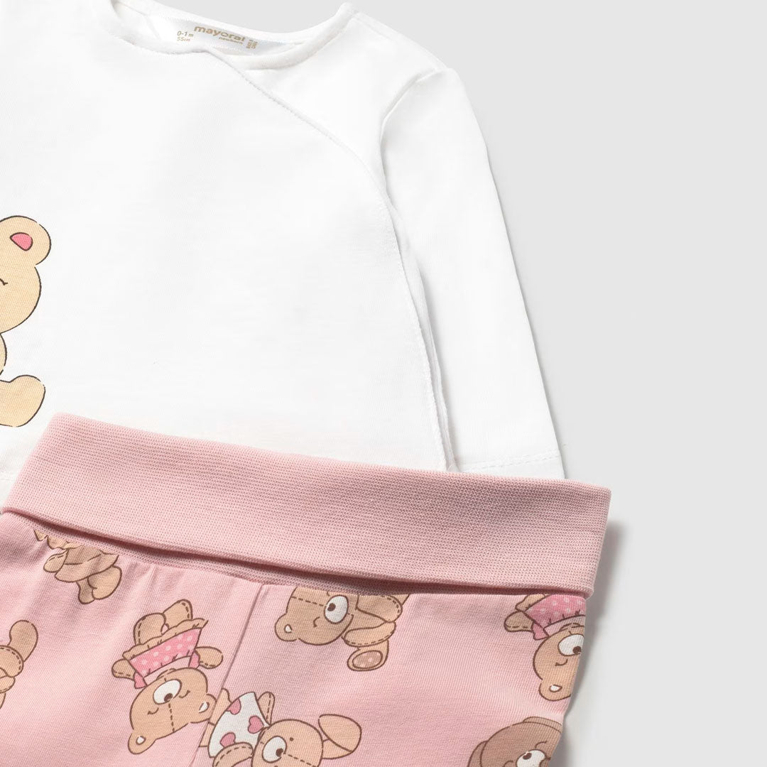 Conjunto 2pz manga larga pantalón rosa ositos, cierre lateral con botones a presión, diseño estampado, pantalón con cinturilla elástica - Mayoral