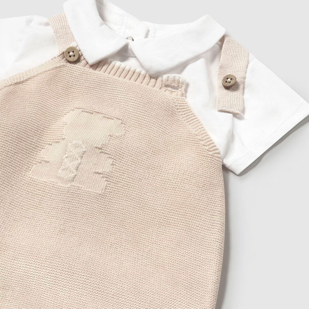 Conjunto camiseta blanca con cuello y Overall tejido, camiseta en tela ligera y suave, Overall en algodón con ajuste por botones - Mayoral