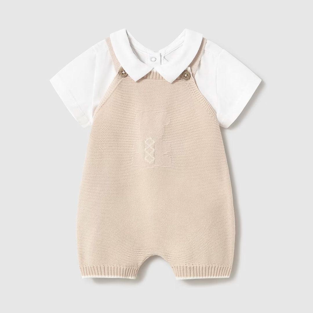 Conjunto camiseta blanca con cuello y Overall tejido, camiseta en tela ligera y suave, Overall en algodón con ajuste por botones - Mayoral