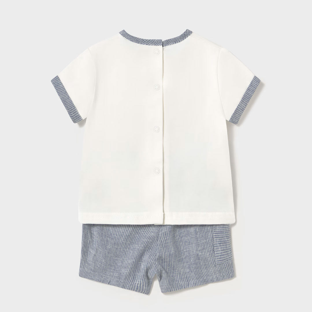 Conjunto 2pz camiseta blanca con short azul, detalle bordado en forma de casita, short con ajuste de cintura, hecho en tela ligera y transpirable - Mayoral