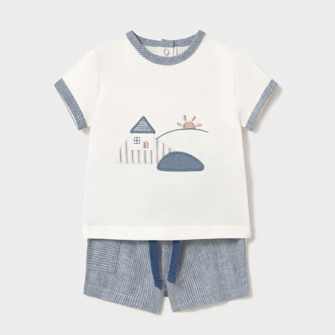 Conjunto 2pz camiseta blanca con short azul, detalle bordado en forma de casita, short con ajuste de cintura, hecho en tela ligera y transpirable - Mayoral
