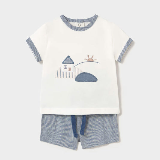 Conjunto 2pz camiseta blanca con short azul, detalle bordado en forma de casita, short con ajuste de cintura, hecho en tela ligera y transpirable - Mayoral