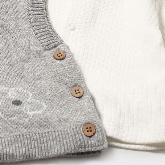 Conjunto 3pz chaleco gris diseño bordado perrito, camiseta de manga larga con cuello redondo con volante, chaleco sin mangas, pantalón tipo legging - Mayoral
