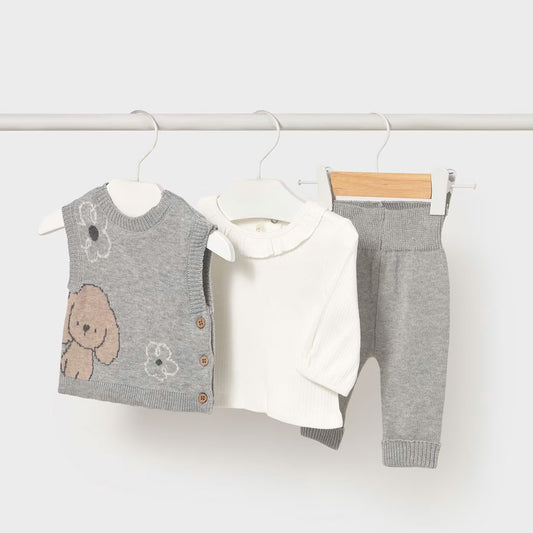 Conjunto 3pz chaleco gris diseño bordado perrito, camiseta de manga larga con cuello redondo con volante, chaleco sin mangas, pantalón tipo legging - Mayoral