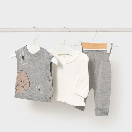 Conjunto 3pz chaleco gris diseño bordado perrito, camiseta de manga larga con cuello redondo con volante, chaleco sin mangas, pantalón tipo legging - Mayoral