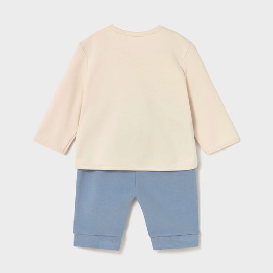 Conjunto de 2pz con diseño estampado buzo y pantalón para bebé, color azul, sudadera de manga larga, cuello redondo, botones a presión en el hombro para facilitar la puesta de la prenda, pantalón con cinturilla elástica - Mayoral