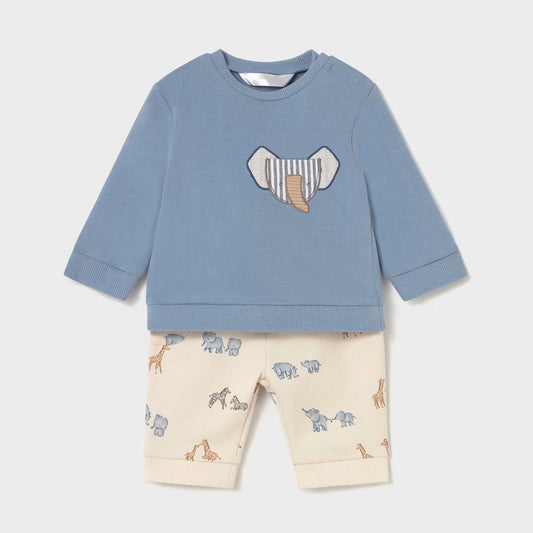 Conjunto de 2pz con diseño estampado buzo y pantalón para bebé, color azul, sudadera de manga larga, cuello redondo, botones a presión en el hombro para facilitar la puesta de la prenda, pantalón con cinturilla elástica - Mayoral
