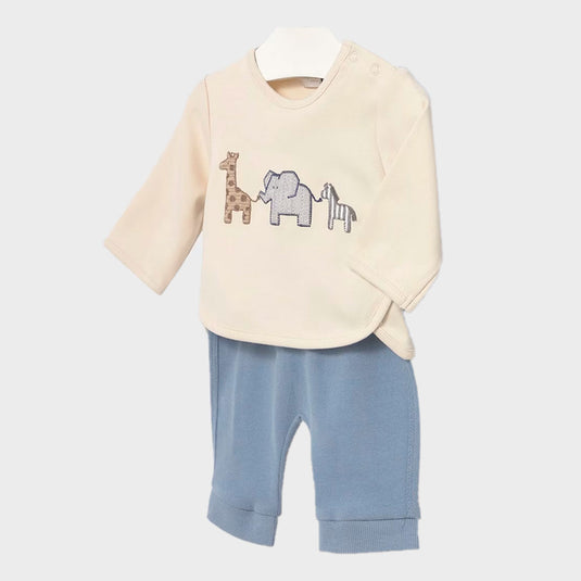 Conjunto de 2pz con diseño estampado buzo y pantalón para bebé, color azul, sudadera de manga larga, cuello redondo, botones a presión en el hombro para facilitar la puesta de la prenda, pantalón con cinturilla elástica - Mayoral