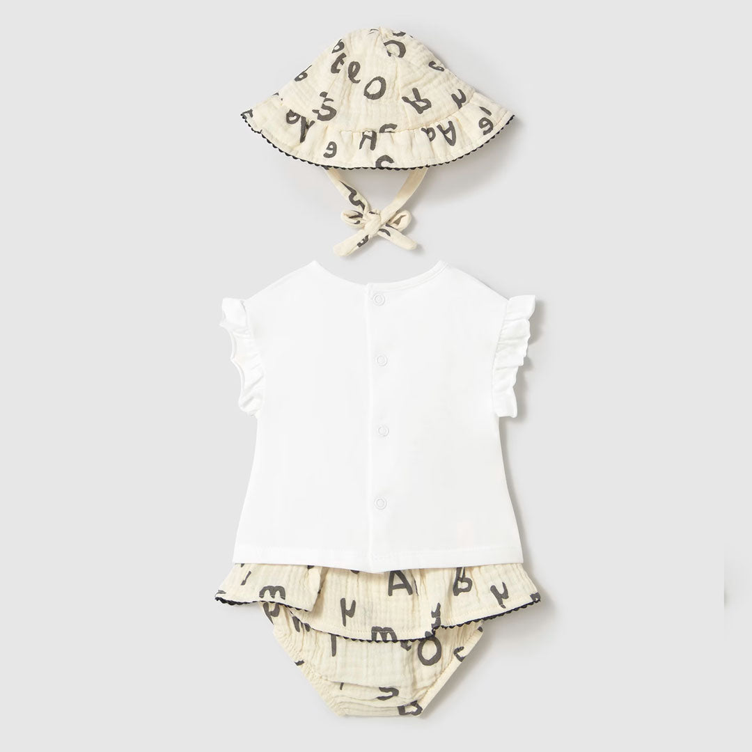 Conjunto 3pz con falda y gorro estampado letras, blusa manga corta con bolero, falta estampada con diseño letras, gorro ajustable a juego - Mayoral