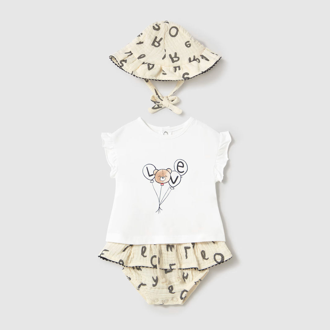 Conjunto 3pz con falda y gorro estampado letras, blusa manga corta con bolero, falta estampada con diseño letras, gorro ajustable a juego - Mayoral