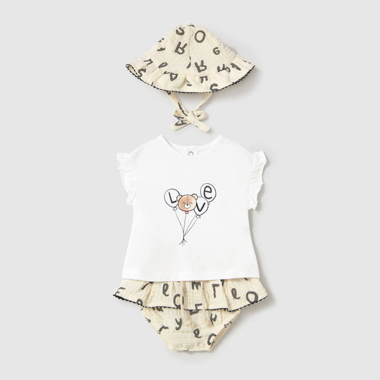 Conjunto 3pz con falda y gorro estampado letras, blusa manga corta con bolero, falta estampada con diseño letras, gorro ajustable a juego - Mayoral