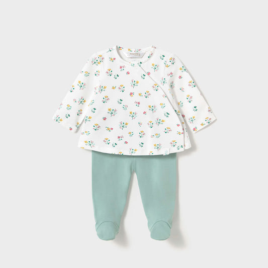 Conjunto de dos piezas manga larga para recién nacido, pantalón y camiseta estampada, cierre lateral con botones a presión, pantalón con pies, cinturilla elástica - Mayoral
