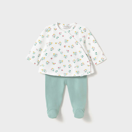 Conjunto de dos piezas manga larga para recién nacido, pantalón y camiseta estampada, cierre lateral con botones a presión, pantalón con pies, cinturilla elástica - Mayoral