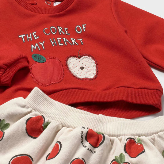 Conjunto 2pz diseño de manzanitas rojas para bebé, sudadera de manga larga para recién nacida, cuello redondo, cierre con botones a presión en la parte posterior, suave tejido de algodón elástico, cinturilla elástica con cordón - Mayoral
