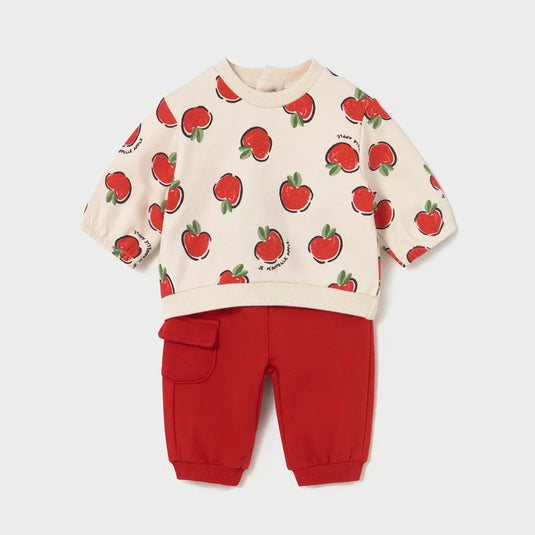 Conjunto 2pz diseño de manzanitas rojas para bebé, sudadera de manga larga para recién nacida, cuello redondo, cierre con botones a presión en la parte posterior, suave tejido de algodón elástico, cinturilla elástica con cordón - Mayoral