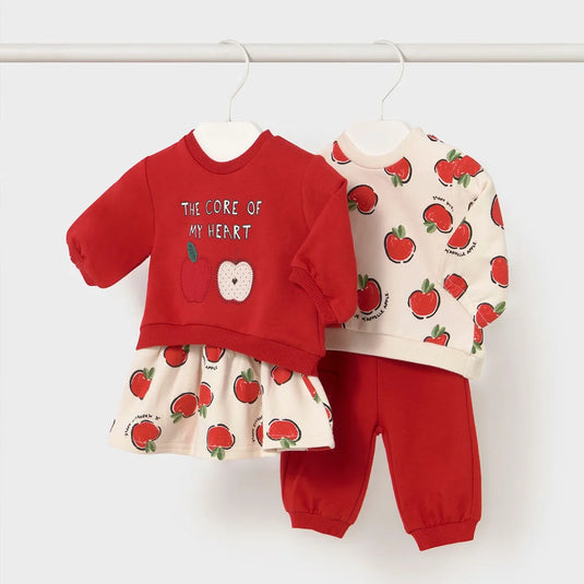 Conjunto 2pz diseño de manzanitas rojas para bebé, sudadera de manga larga para recién nacida, cuello redondo, cierre con botones a presión en la parte posterior, suave tejido de algodón elástico, cinturilla elástica con cordón - Mayoral