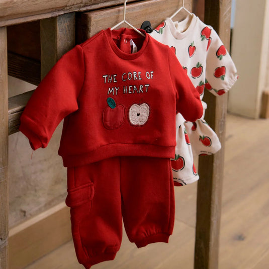 Conjunto 2pz diseño de manzanitas rojas para bebé, sudadera de manga larga para recién nacida, cuello redondo, cierre con botones a presión en la parte posterior, suave tejido de algodón elástico, cinturilla elástica con cordón - Mayoral