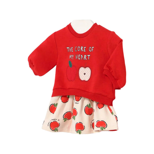 Conjunto 2pz diseño de manzanitas rojas para bebé, sudadera de manga larga para recién nacida, cuello redondo, cierre con botones a presión en la parte posterior, suave tejido de algodón elástico, cinturilla elástica con cordón - Mayoral
